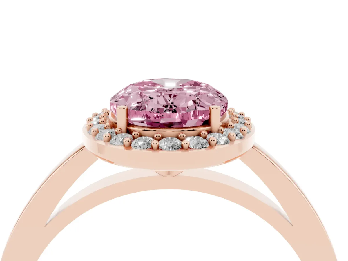 Fancy Pink Oval Cut Halo Diamond Ring with Solitaire Band and Prong Setting Rose gold