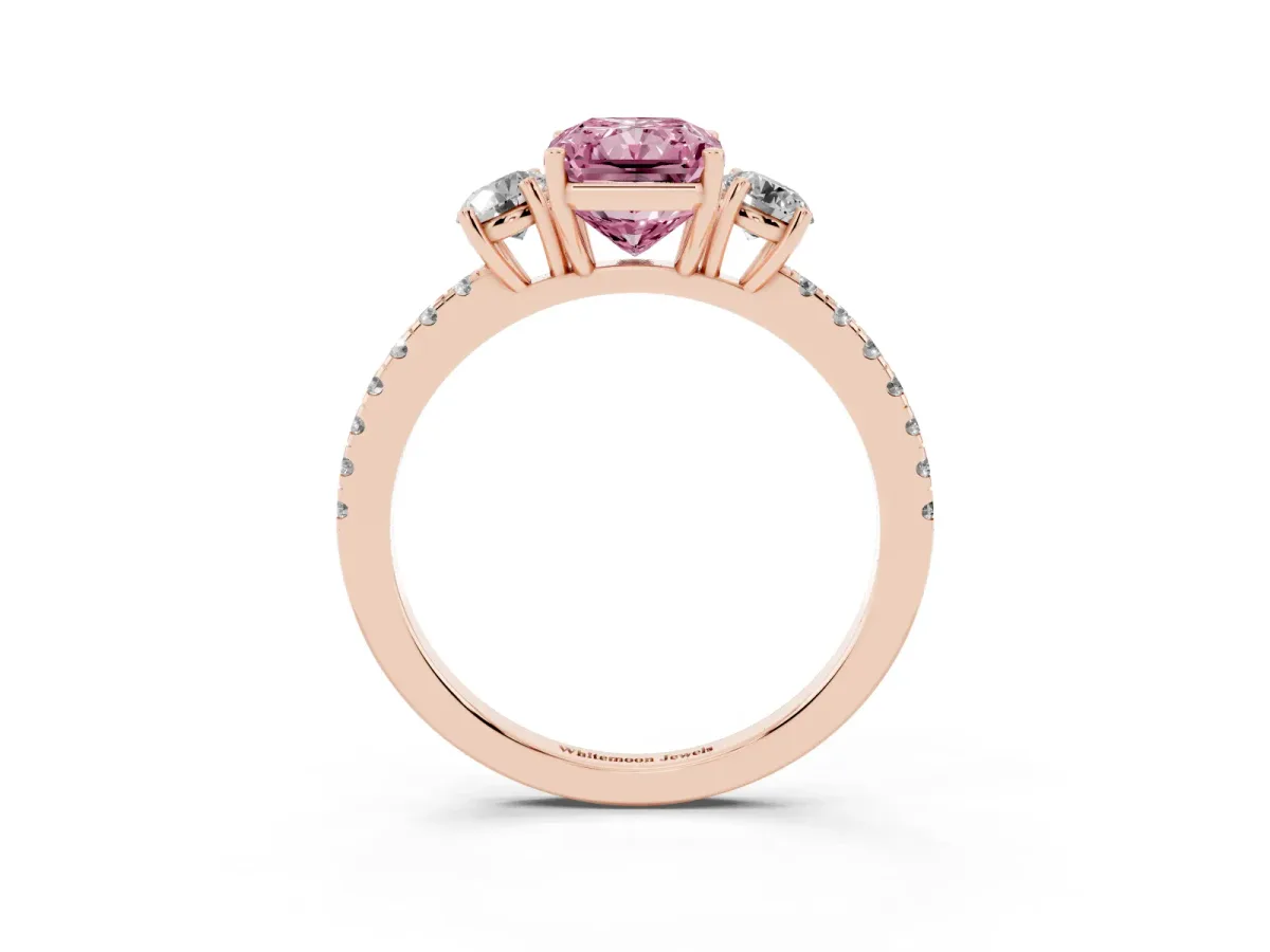 Fancy Pink Three-Stone Radiant Cut Cut Diamond Pavé Band with Prong Setting Rose gold