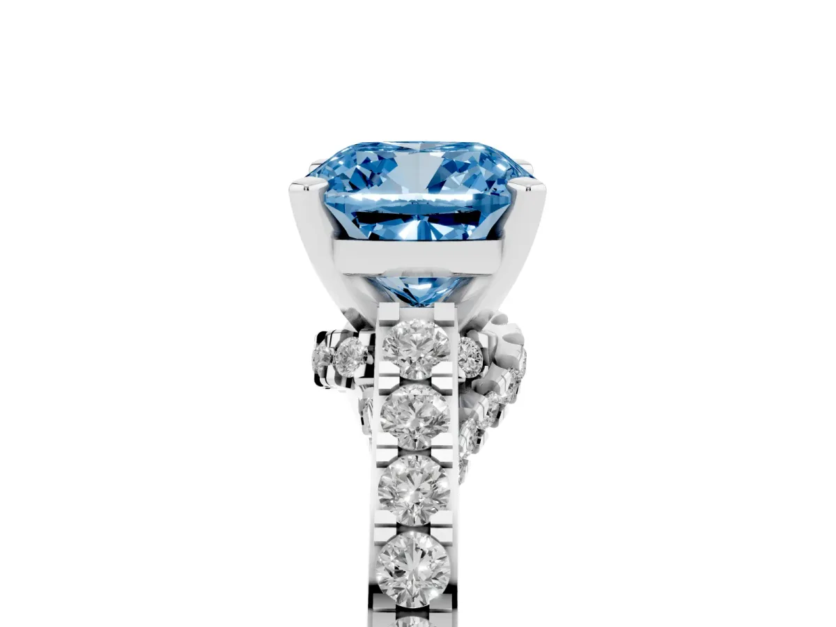Fancy Blue Cushion Cut Diamond Solitaire Ring with Crossover Gallery and Round Pavé Band Silver