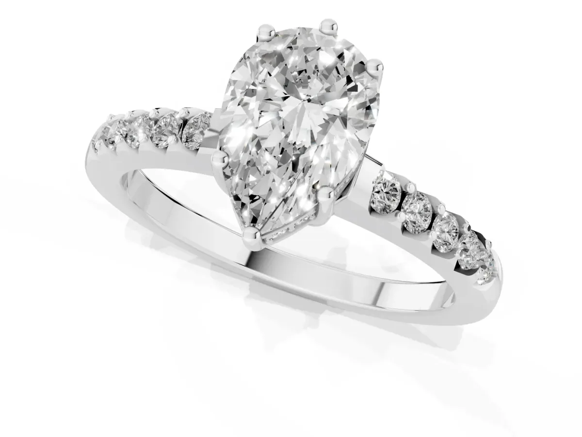 Pear Cut Solitaire Diamond Engagement Ring with Pavé Band and Six-Prong Setting Platinum