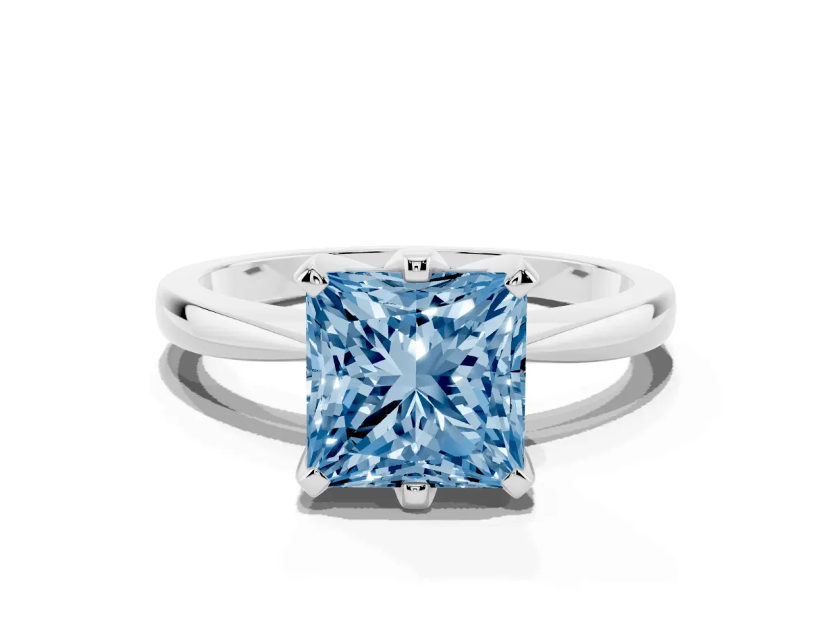 Fancy Blue Princess Cut Solitaire Engagement Ring with Six-Prong Setting and Tapered Band Silver