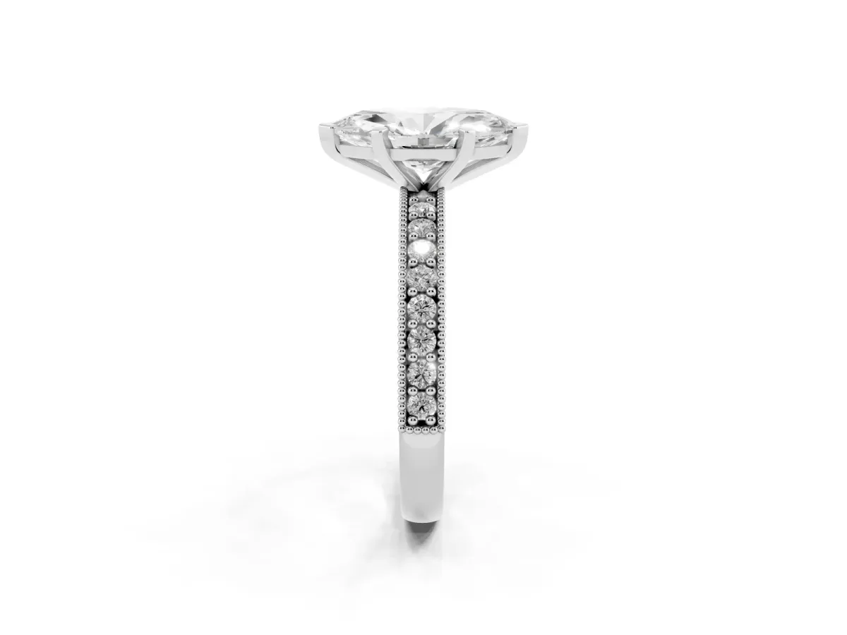 Marquise Cut Diamond Milgrain Pavé Engagement Ring with Four-Prong Setting Silver