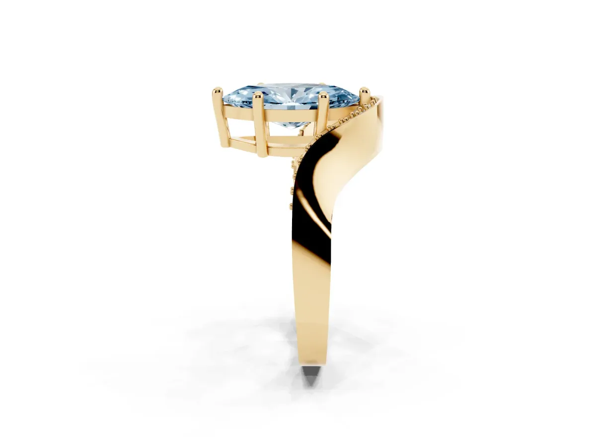 Fancy Blue Marquise Cut Solitaire Diamond Engagement Ring with Pave Band and Four-Prong Setting Yellow gold