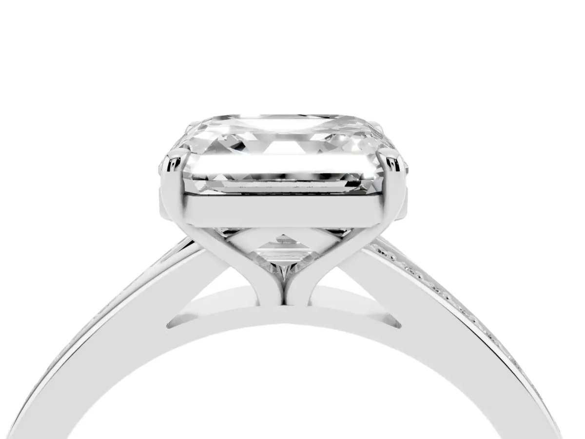Asscher Cut Diamond Solitaire Ring with Pavé Band and Prong Setting Silver