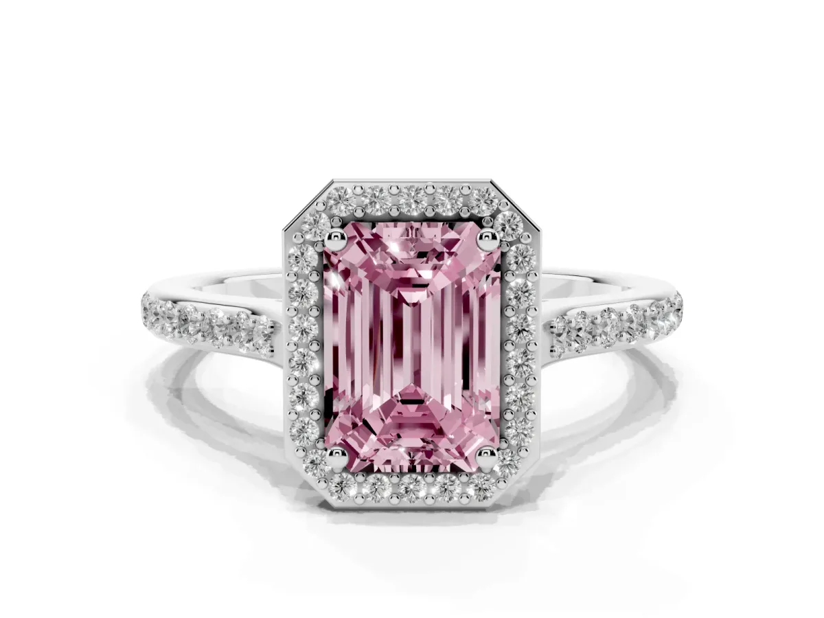 Fancy Pink Emerald Cut Diamond Halo Engagement Ring with Round Pavé Shoulders and Prong Setting White gold