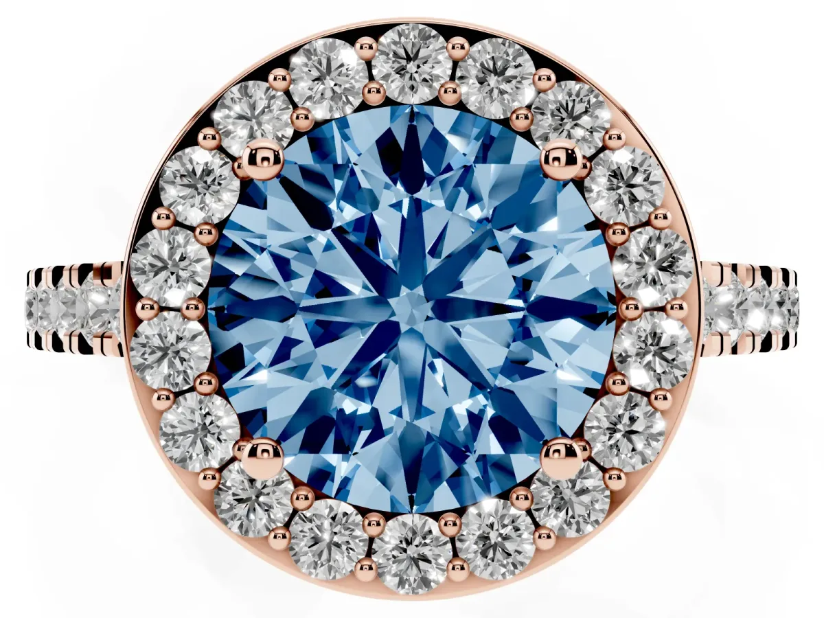 Fancy Blue Round Cut Diamond Halo Ring with Round Pavé Split Shank and Prong Setting Rose gold