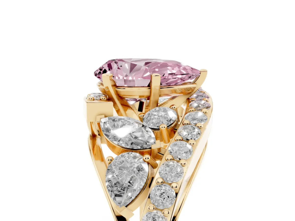 Fancy Pink Pear Cut Diamond Halo Ring with Marquise and Pavé Band in Prong Setting Yellow gold