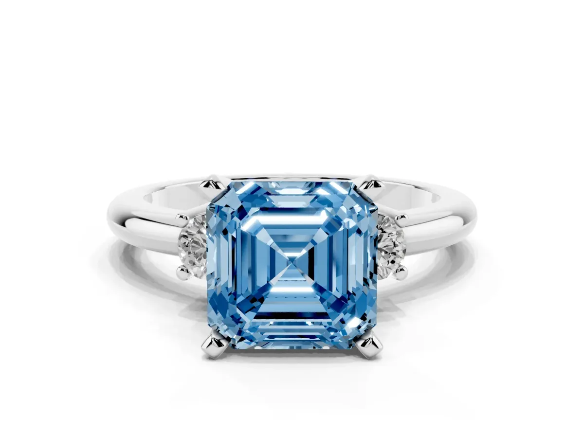 Fancy Blue Three-Stone Asscher Cut Cut Diamond Solitaire with Prong Setting and Classic Band Silver