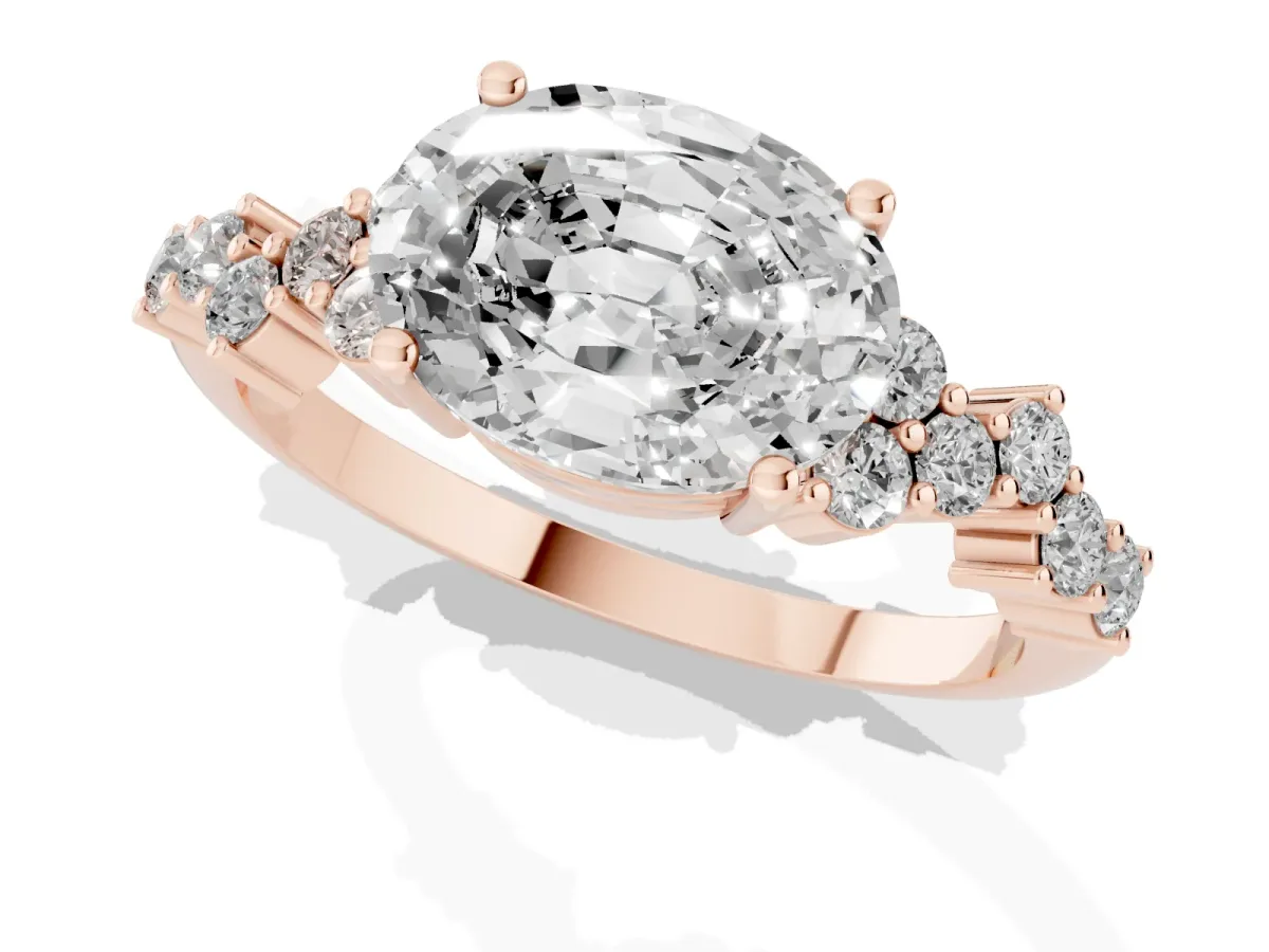 Oval Cut Diamond Scattered Round Accent Ring with Prong Setting Rose gold