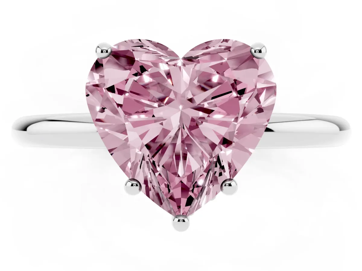 Fancy Pink Heart Cut Solitaire Diamond Ring with a Classic Band and Four-Prong Setting Platinum