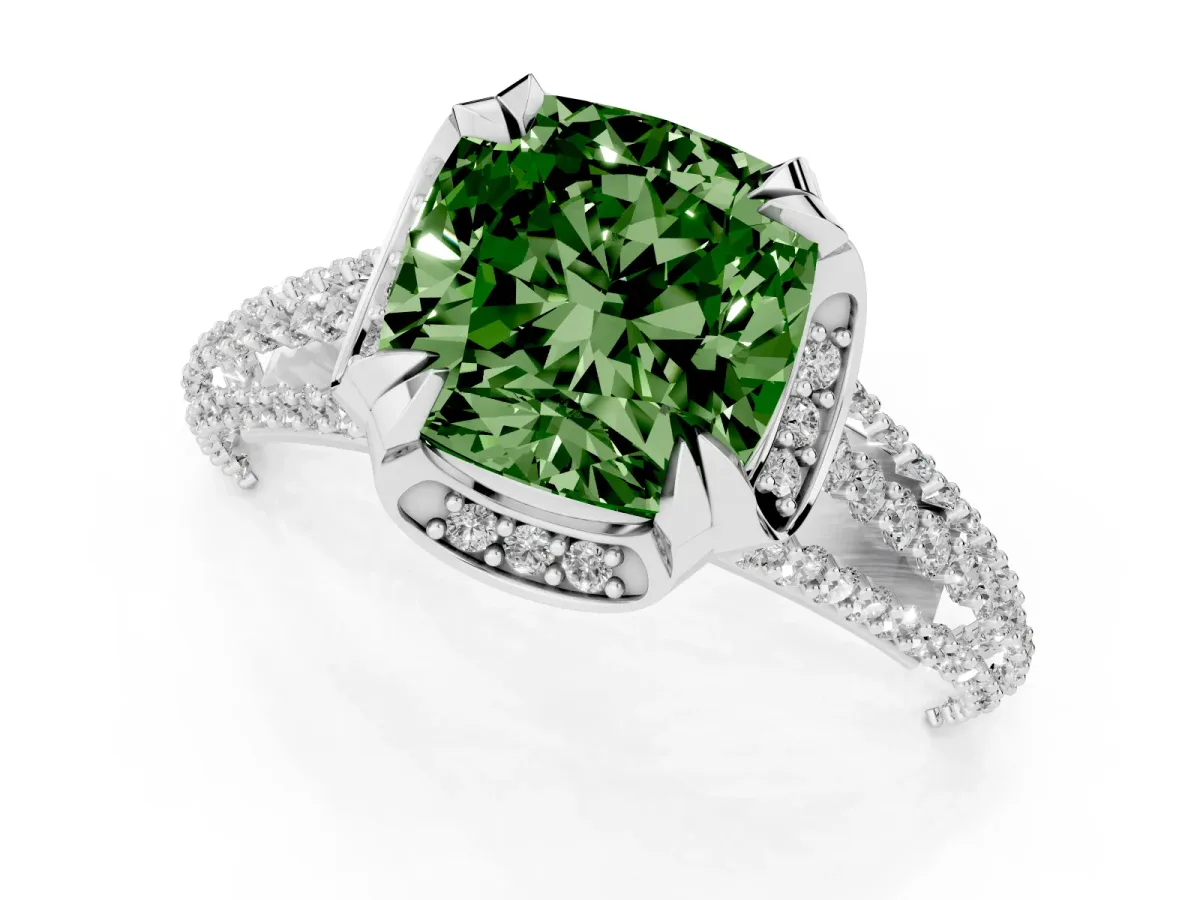 Fancy Green Cushion Cut Solitaire Pave Split Shank Ring with Four-Prong Setting Silver
