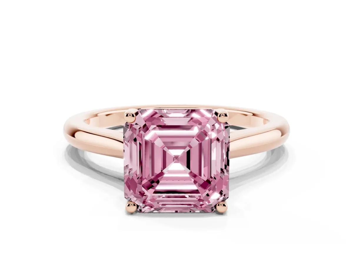 Fancy Pink Asscher Cut Cut Solitaire Ring with Cathedral Band and Four-Prong Setting Rose gold