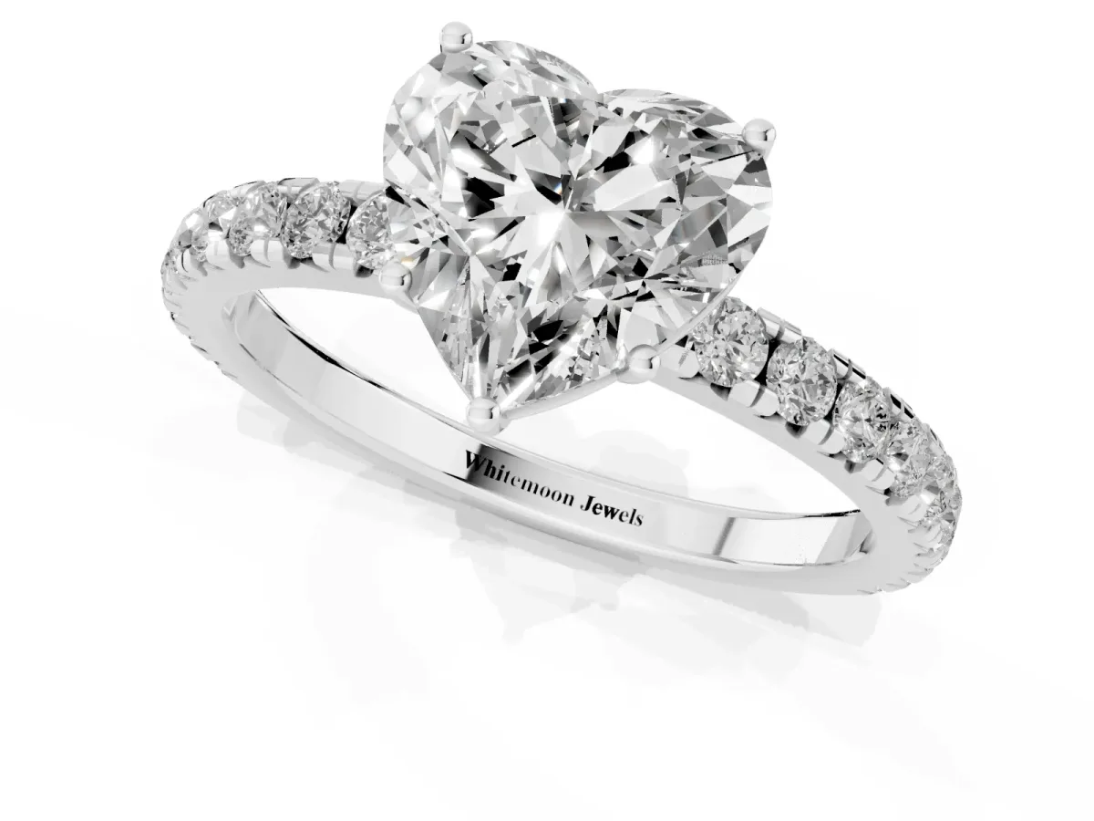 Heart Cut Diamond Pavé Solitaire Engagement Ring with Four-Prong Setting Silver
