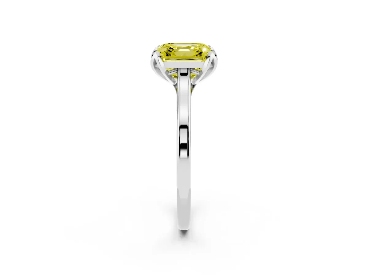 Fancy Yellow Asscher Cut Diamond Solitaire Ring with Flower Prong Setting and Classic Band Silver