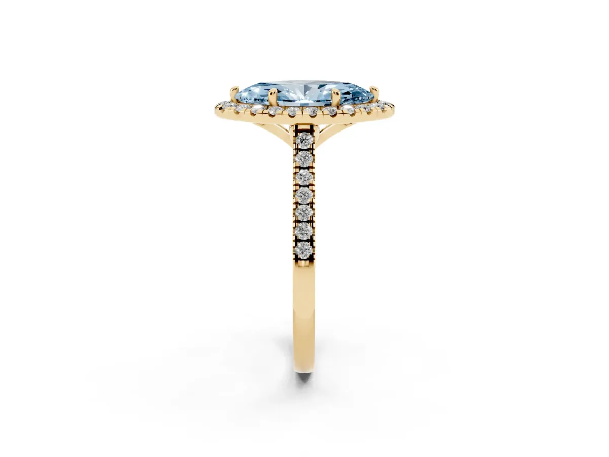 Fancy Blue Marquise Cut Diamond Cushion Halo Ring with Pavé Band Yellow gold