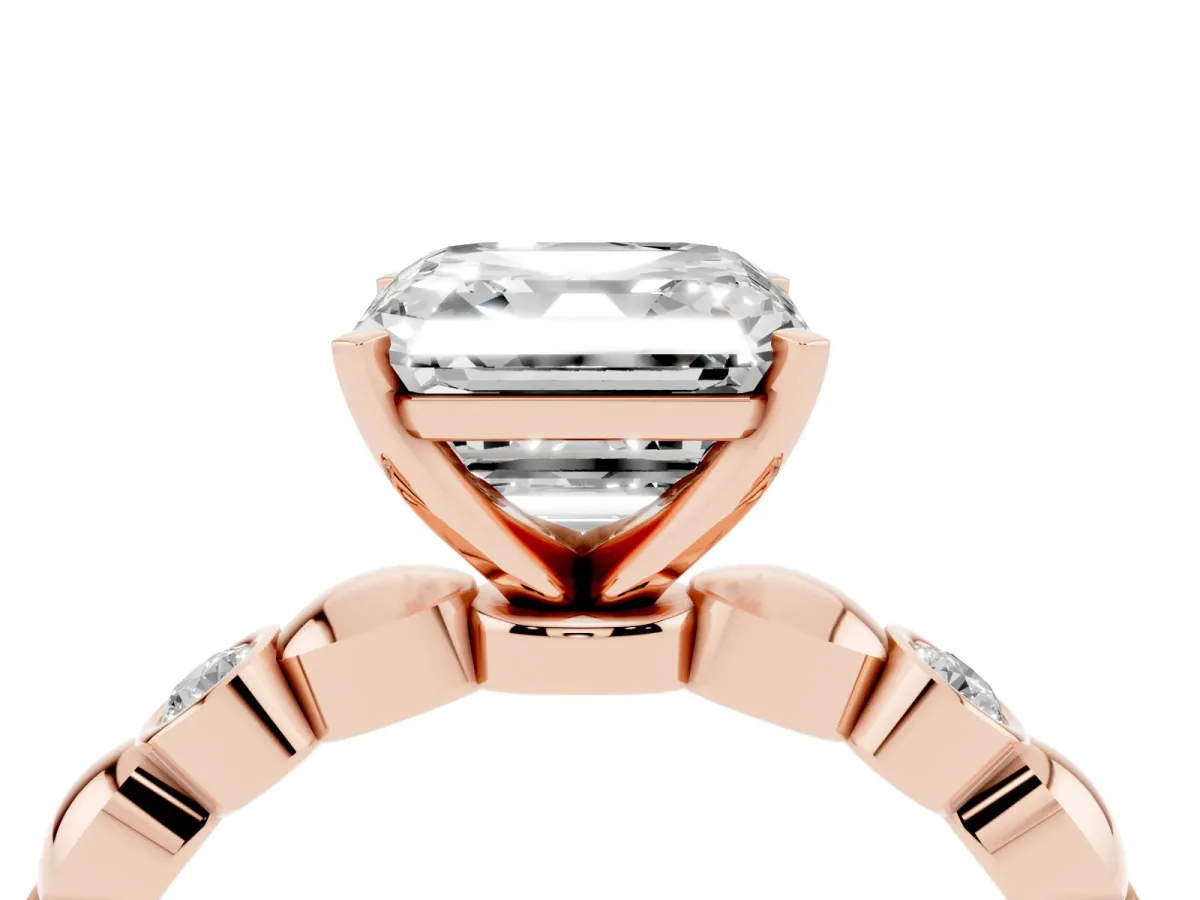 Asscher Cut Solitaire Bezel-Set Diamond Ring with Beaded Band and Four-Prong Setting Rose gold
