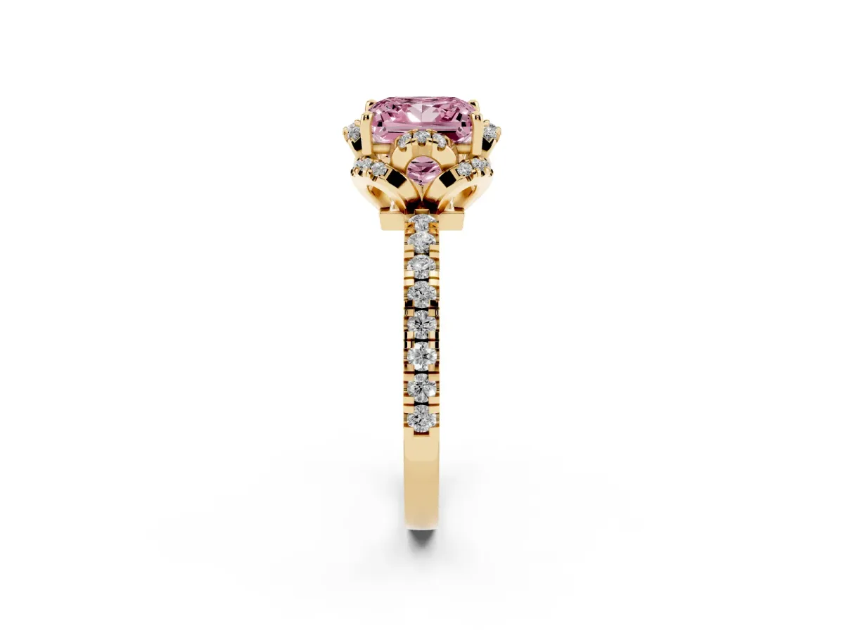 Fancy Pink Princess Cut Diamond Halo Pave Band with Four-Prong Setting Yellow gold