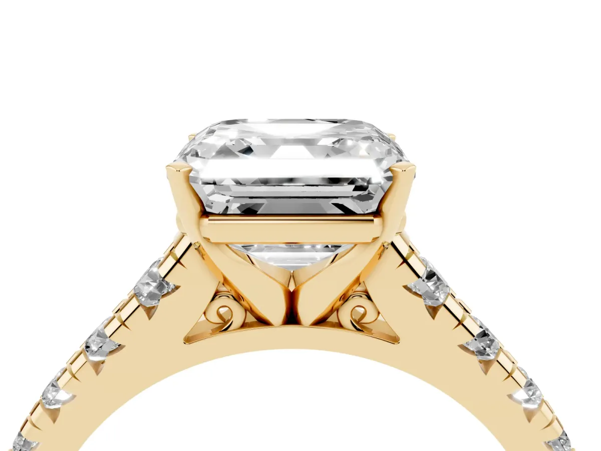 Asscher Cut Diamond Cathedral Solitaire Ring with Round Pavé Band Yellow gold