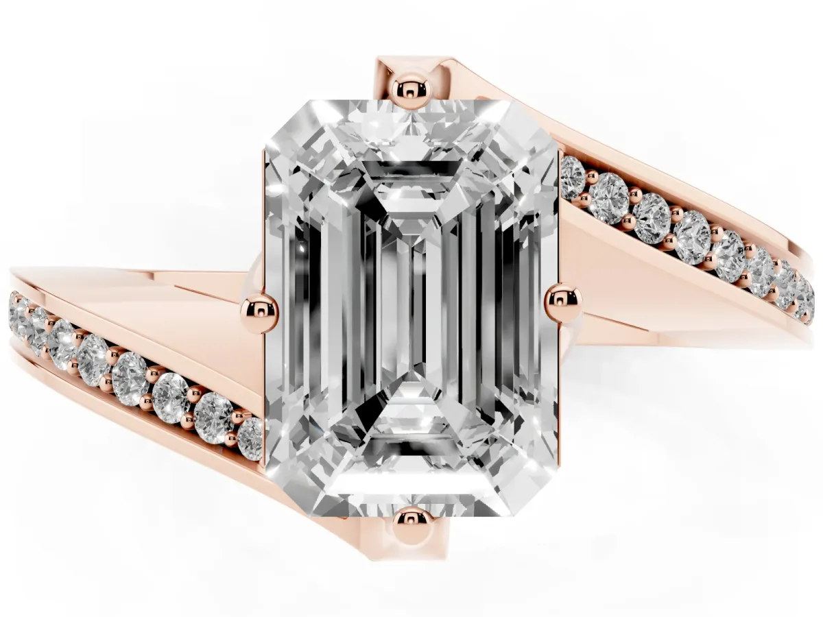 Emerald Cut Solitaire Diamond Twist Band with Pavé Setting and Four-Prong Setting Rose gold
