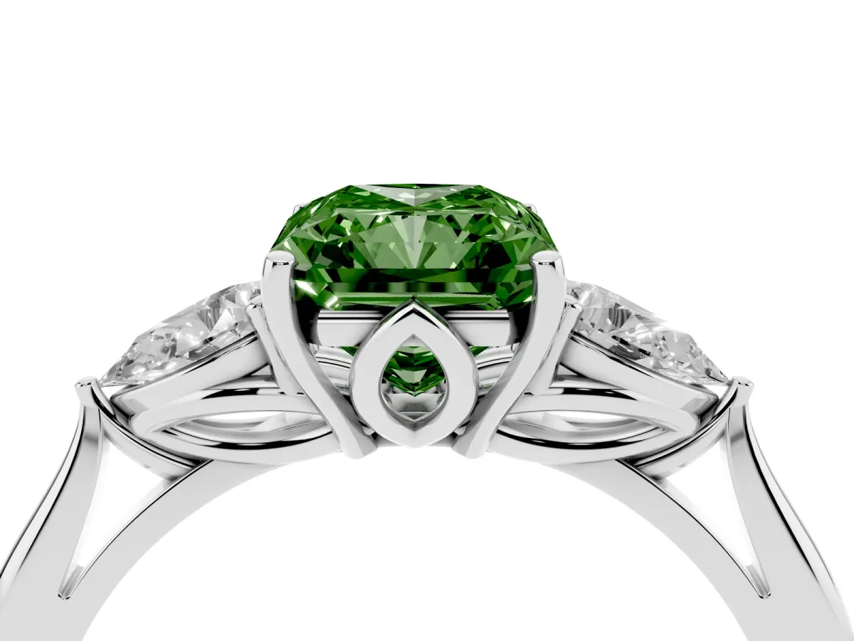 Fancy Green Three-Stone Radiant Cut Diamond Ring with Pear Side Stones in Four-Prong Setting Silver