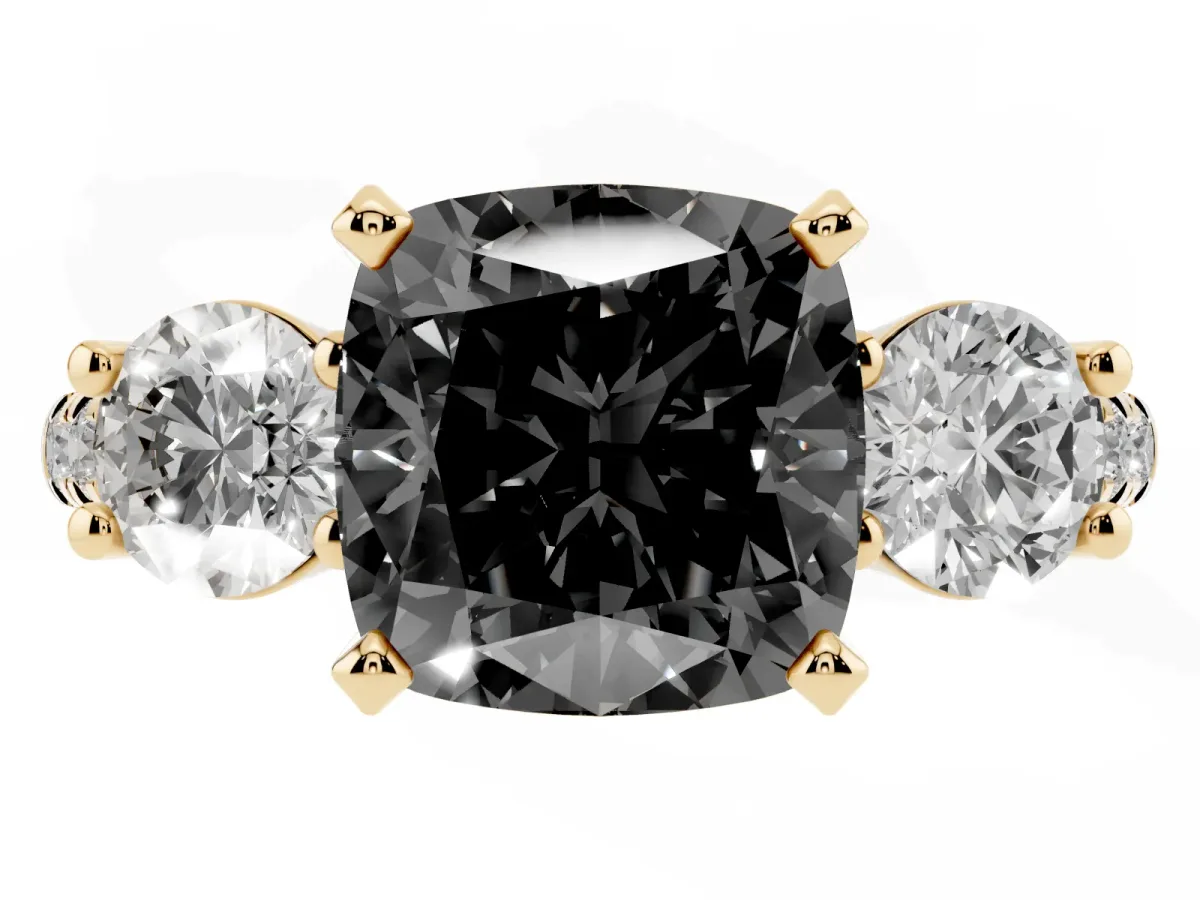 Fancy Black Three-Stone Cushion Cut Diamond Pavé Band with Four-Prong Setting Yellow gold