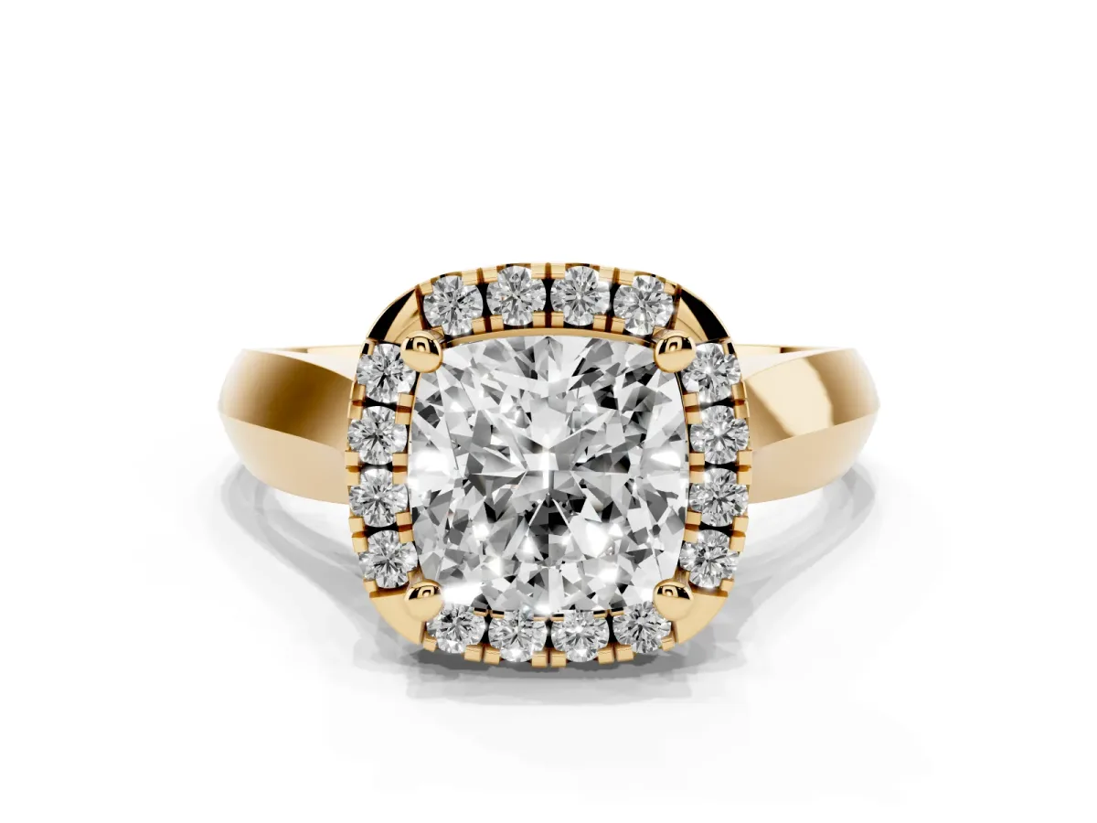 Cushion Cut Cut Halo Solitaire Engagement Ring with Square Band and Four-Prong Setting Yellow gold