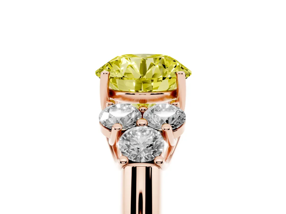 Fancy Yellow Round Cut Cut Diamond Cluster Ring with Round Accent Stones and Prong Setting on a Classic Band Rose gold