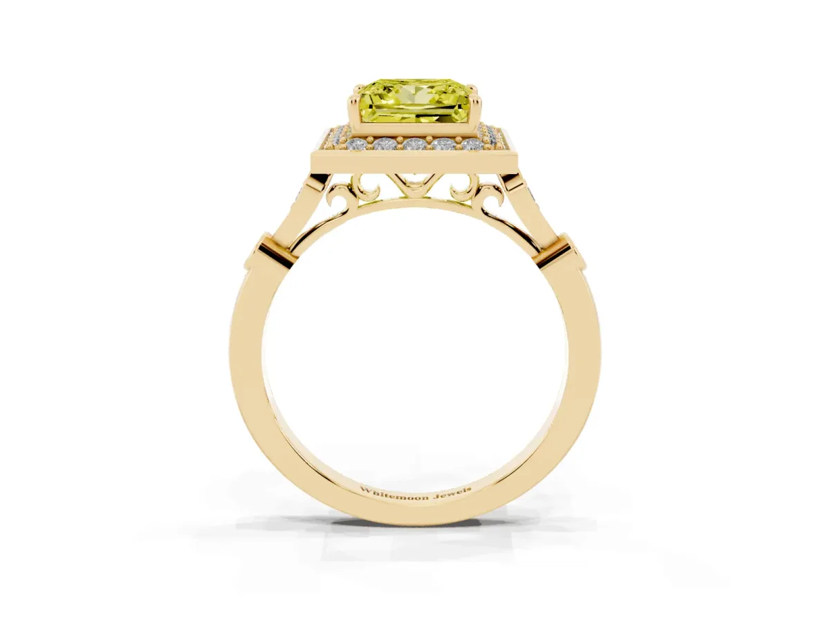 Fancy Yellow Princess Cut Halo Diamond Engagement Ring with Twisted Band and Four-Prong Setting Yellow gold