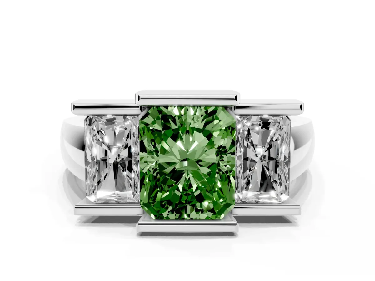Fancy Green Three Stone Radiant Cut Cut Channel Set Diamond Ring Silver