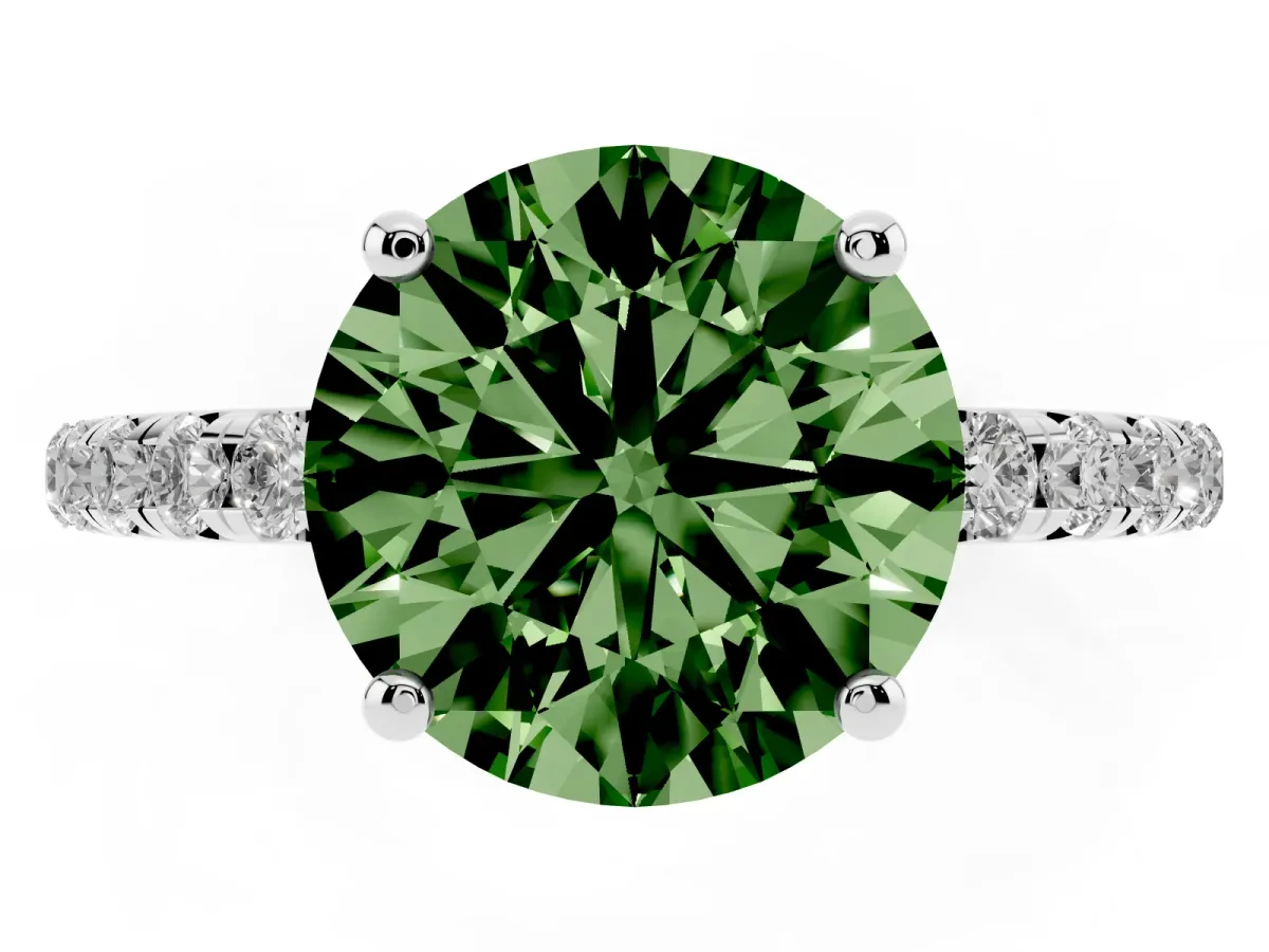 Fancy Green Round Cut Cut Diamond Solitaire Ring with Micro Pave Band and Four Prong Setting Silver