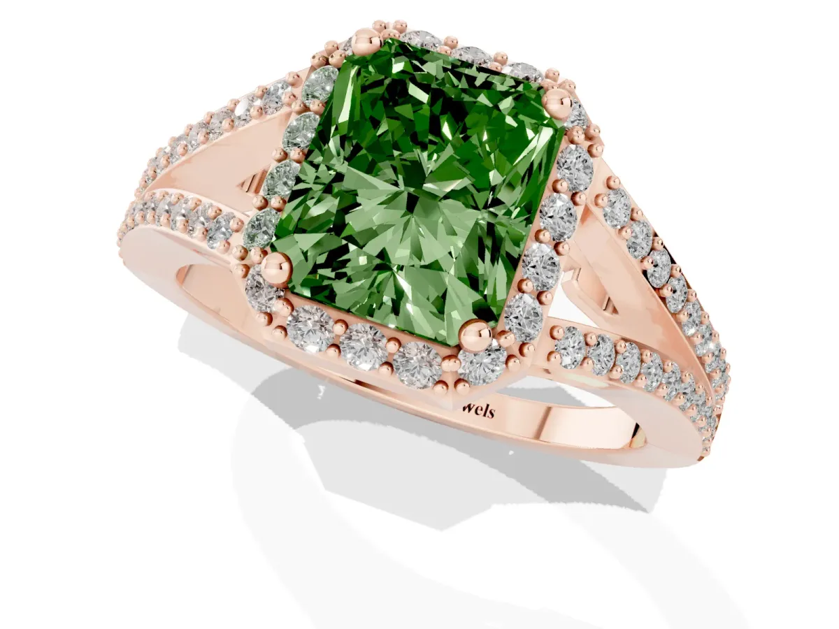 Fancy Green Radiant Cut Halo Split Shank Pave Diamond Ring with Four-Prong Setting Rose gold