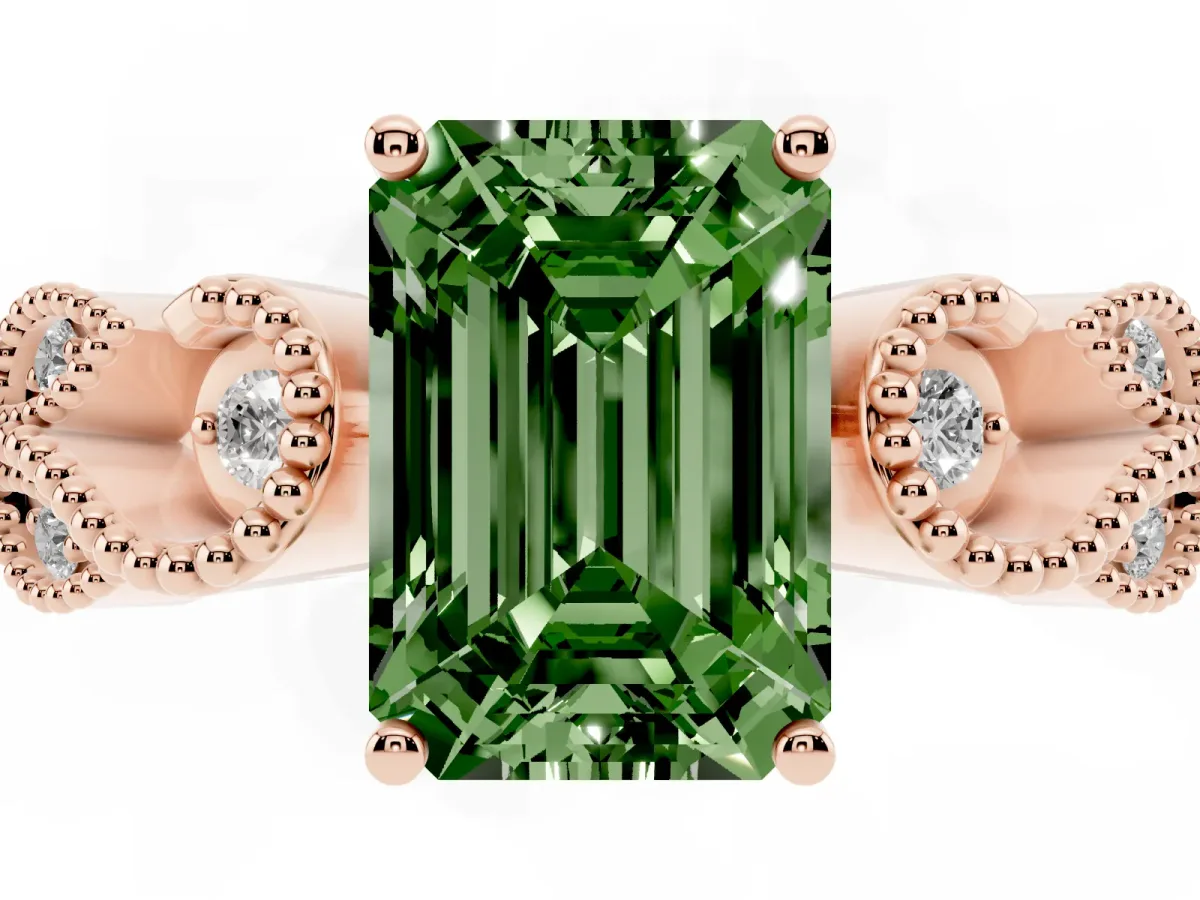 Fancy Green Emerald Cut Solitaire Milgrain Leaf Band with Prong Setting Rose gold