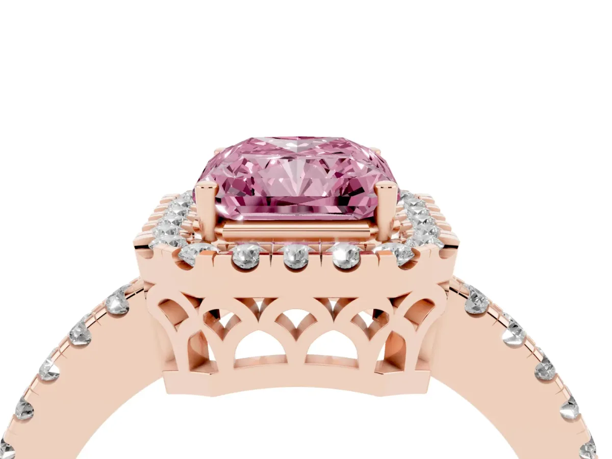 Fancy Pink Radiant Cut Halo Diamond Engagement Ring with Pavé Band and Four-Prong Setting Rose gold