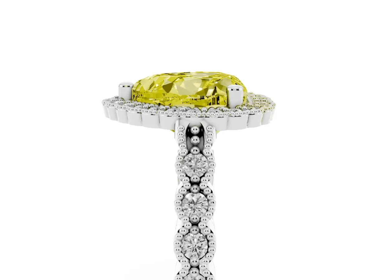 Fancy Yellow Heart Cut Cut Halo Pavé Solitaire Ring with Milgrain Band Silver