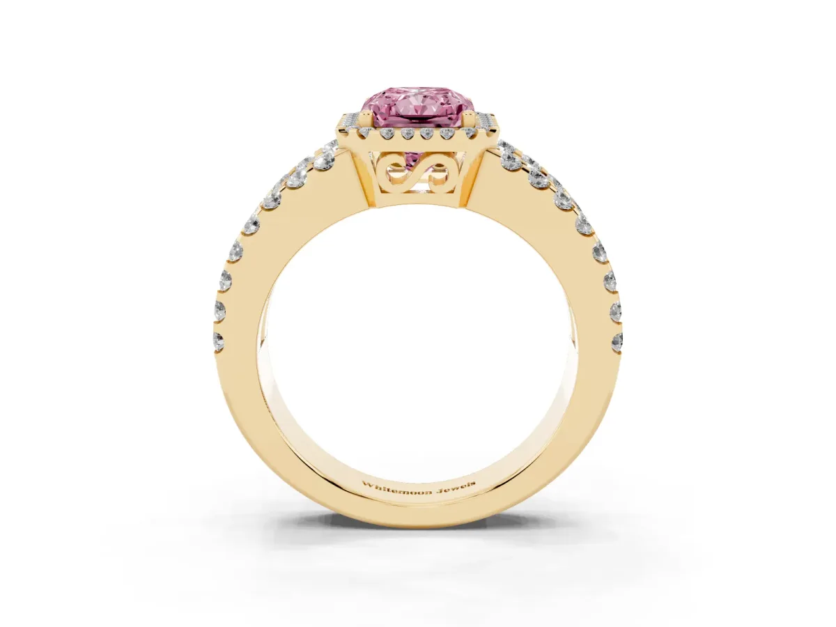 Fancy Pink Radiant Cut Cut Halo Split Shank Diamond Ring with Four-Prong Setting Yellow gold