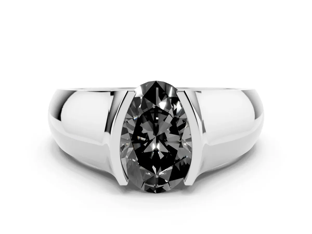 Fancy Black Oval Cut Solitaire Bezel Set Diamond Ring with Wide Band Silver