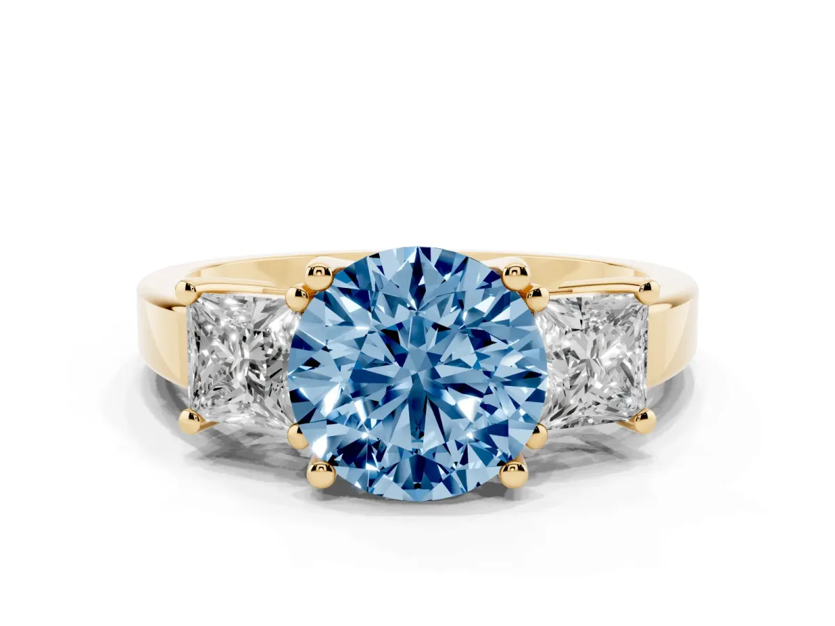 Fancy Blue Three-Stone Round Cut Cut Solitaire Ring with Prong Setting Yellow gold