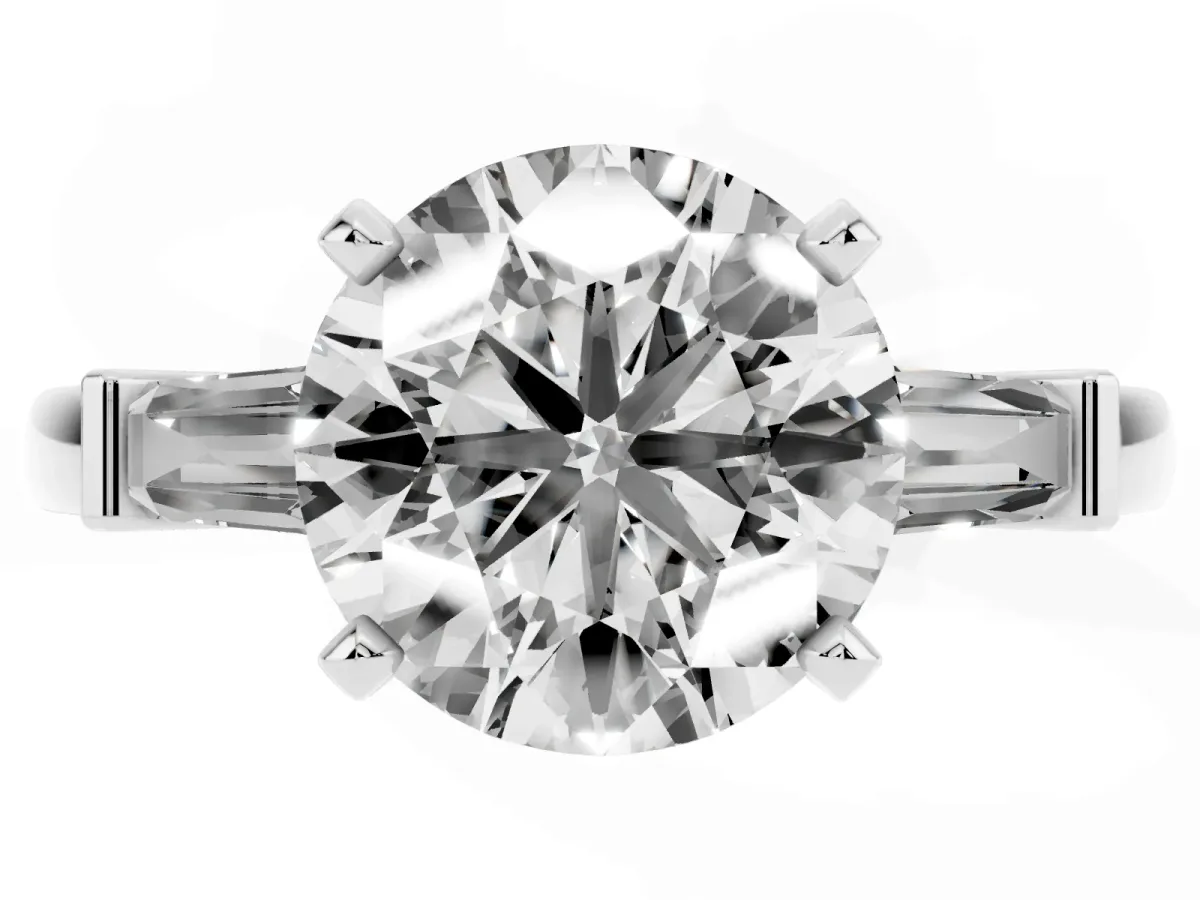 Round Cut Cut Diamond Solitaire Ring with Tapered Baguette Accents and Four-Prong Setting White gold