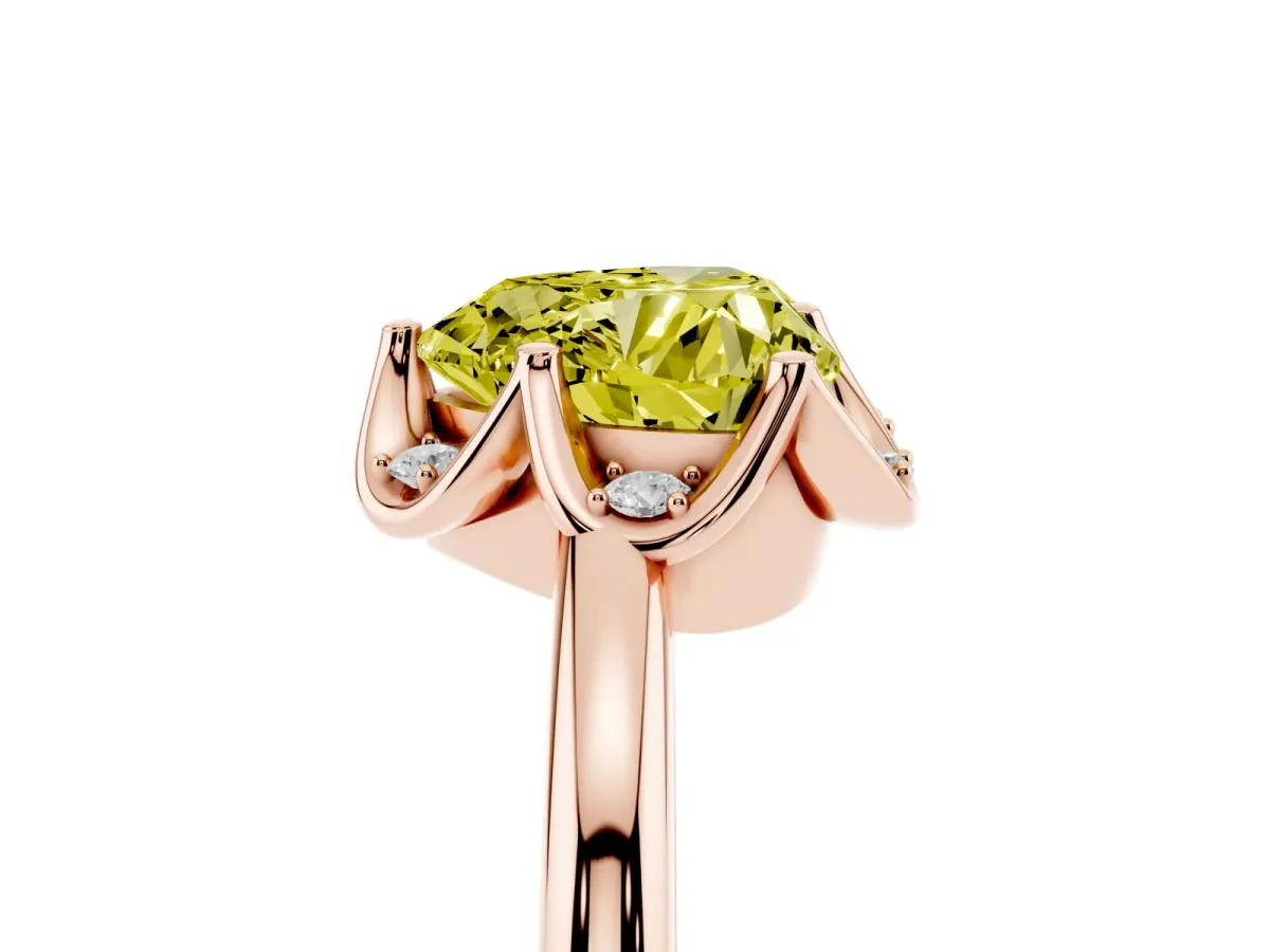 Fancy Yellow Heart Cut Halo Diamond Ring with Round Cluster Setting, Solitaire Band, and Four-Prong Setting Rose gold