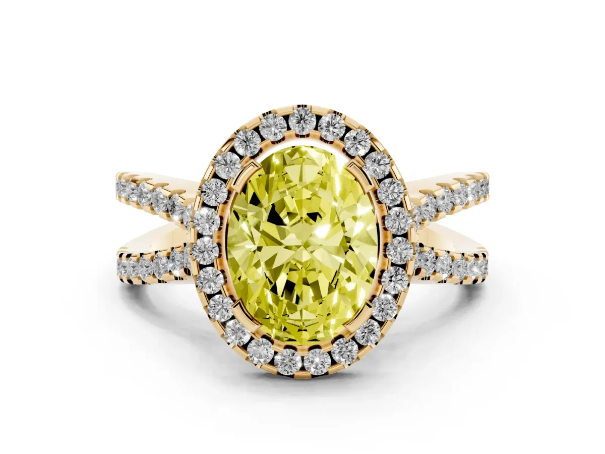 Fancy Yellow Oval Cut Diamond Halo Ring with Split Shank Pavé Band and Prong Setting Yellow gold
