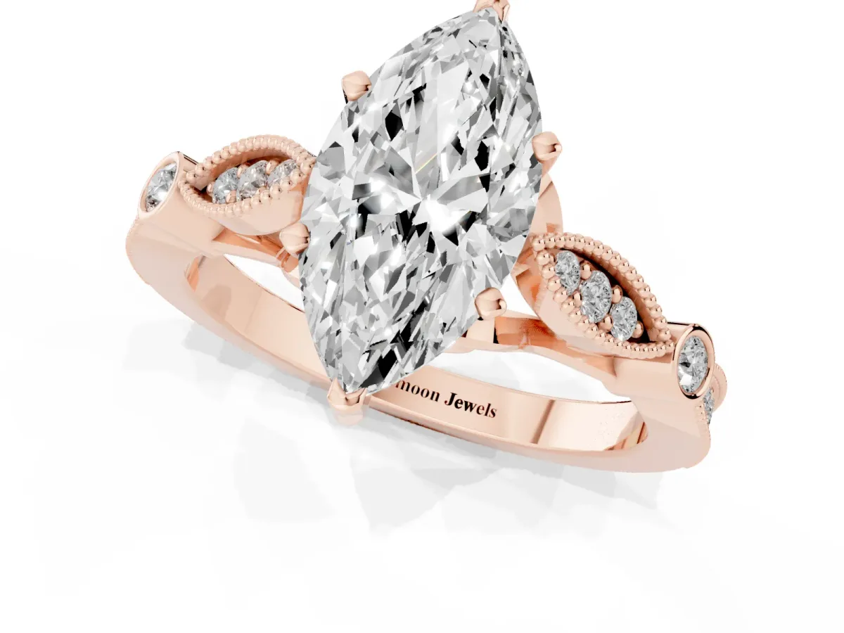 Marquise Cut Cut Diamond with Milgrain Marquise and Bezel Accents on a Solitaire Band with Prong Setting Rose gold