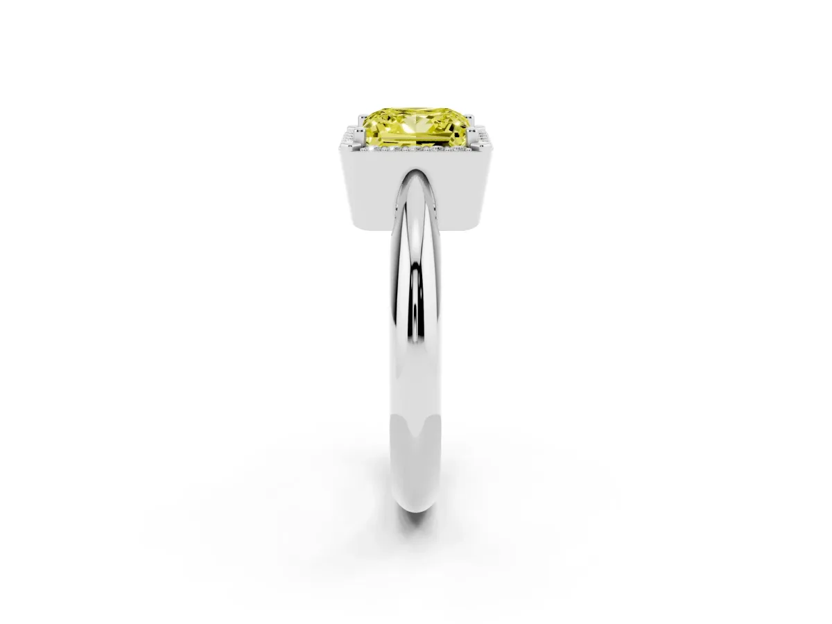 Fancy Yellow Princess Cut Cut Diamond Halo Engagement Ring with Split Shank and Four-Prong Setting Platinum