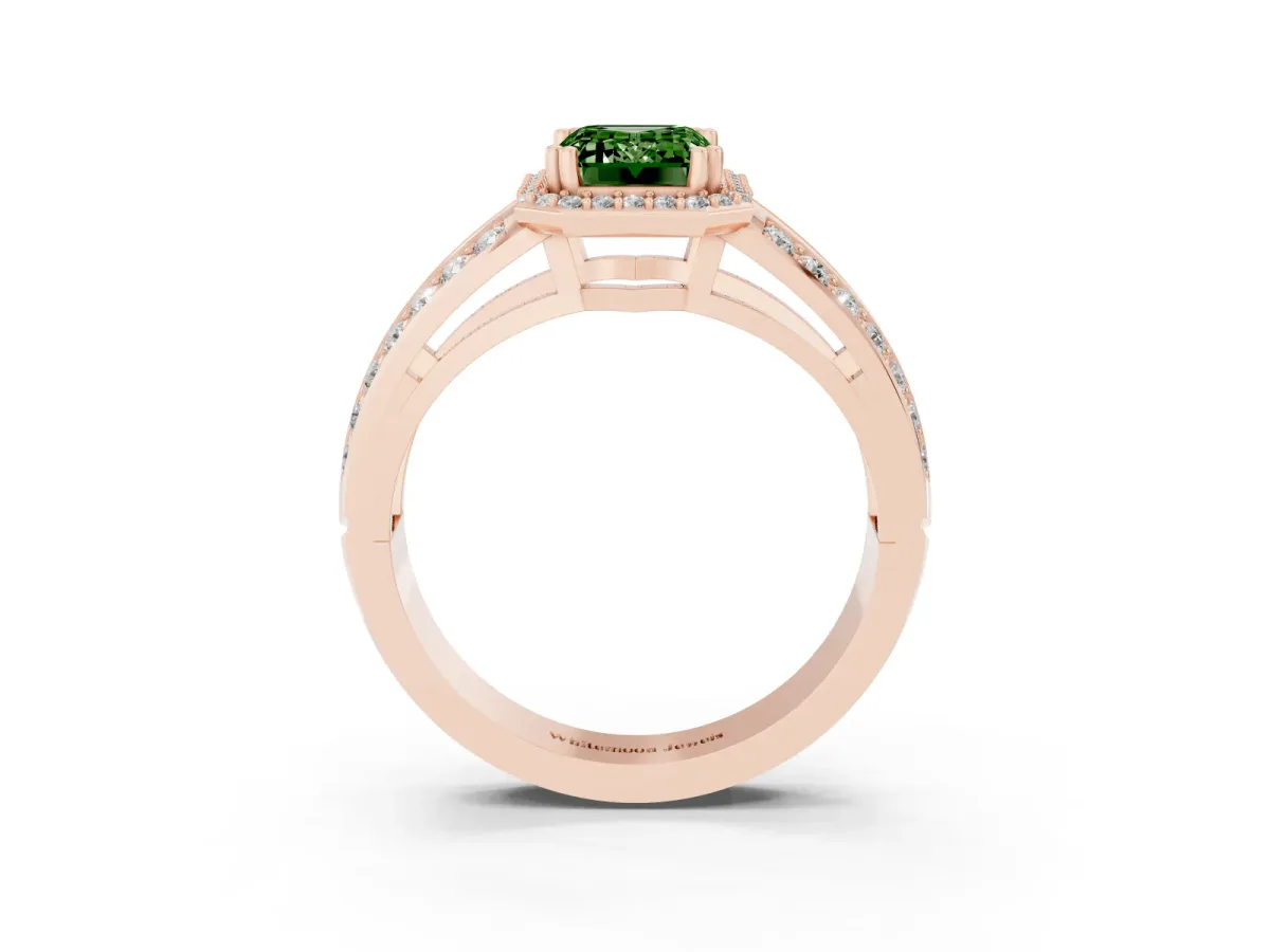 Fancy Green Emerald Cut Diamond Halo Ring with Split Shank Pavé Band and Four-Prong Setting Rose gold