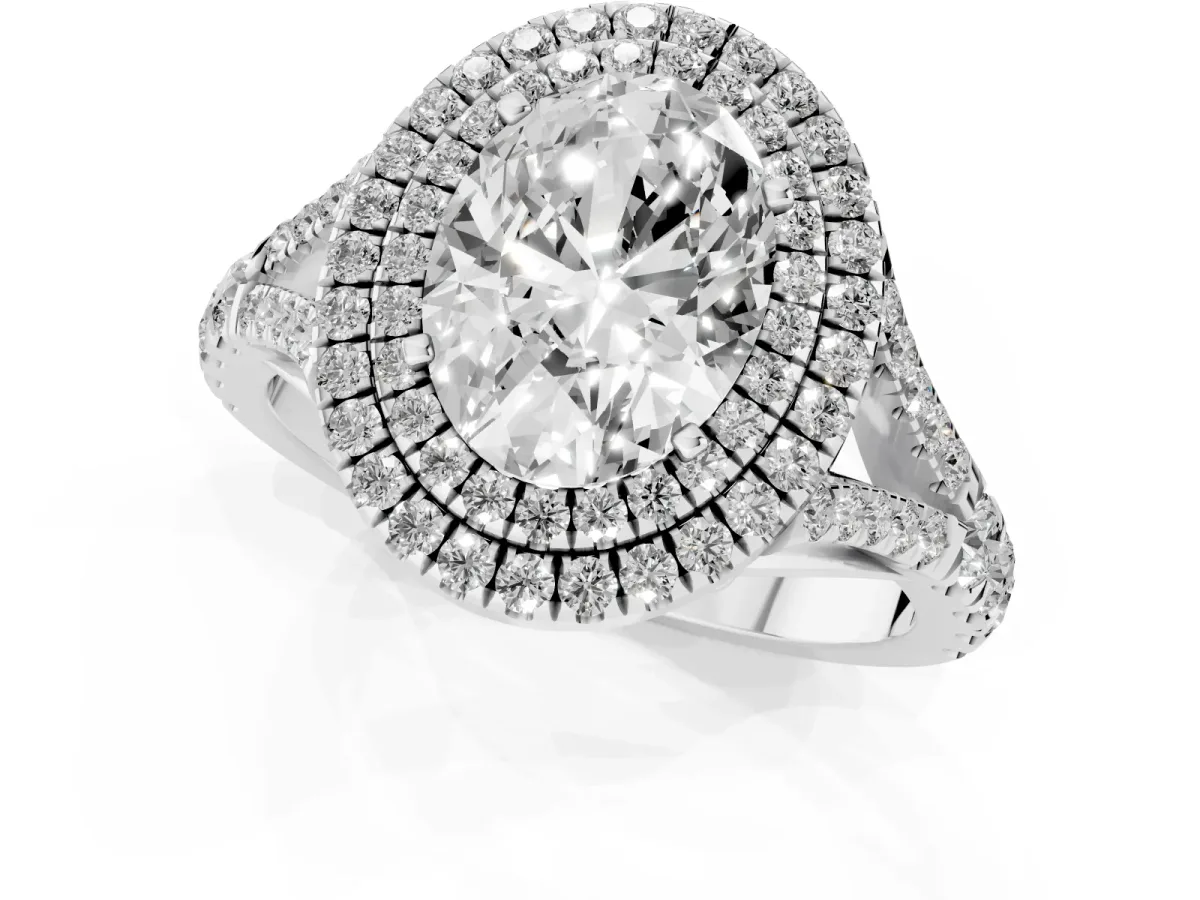 Double Halo Oval Cut Diamond Split Shank Engagement Ring with Four-Prong Setting Silver