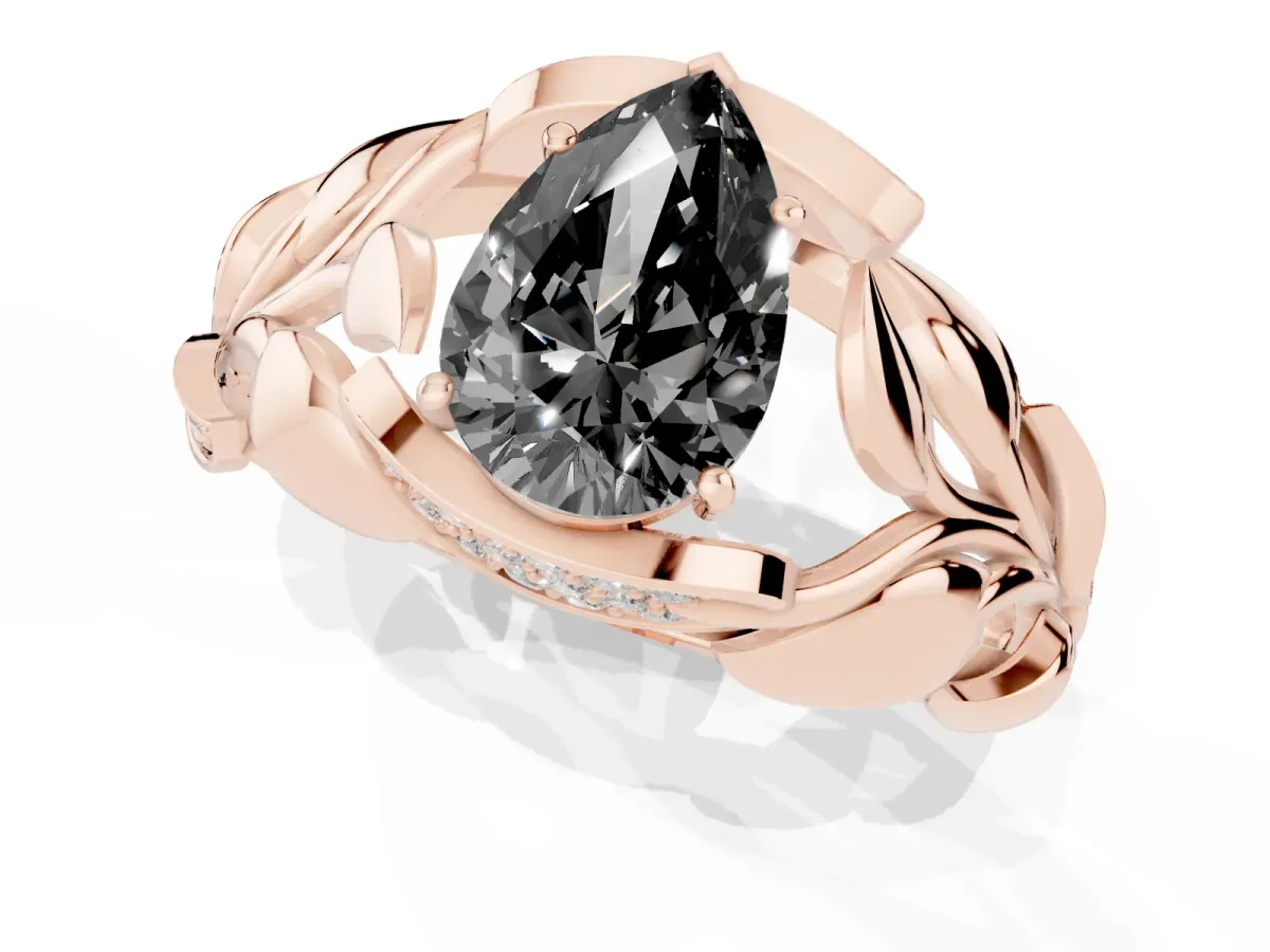 Fancy Black Pear Cut Diamond Leaf-Inspired Engagement Ring with Round Accents and Prong Setting Rose gold