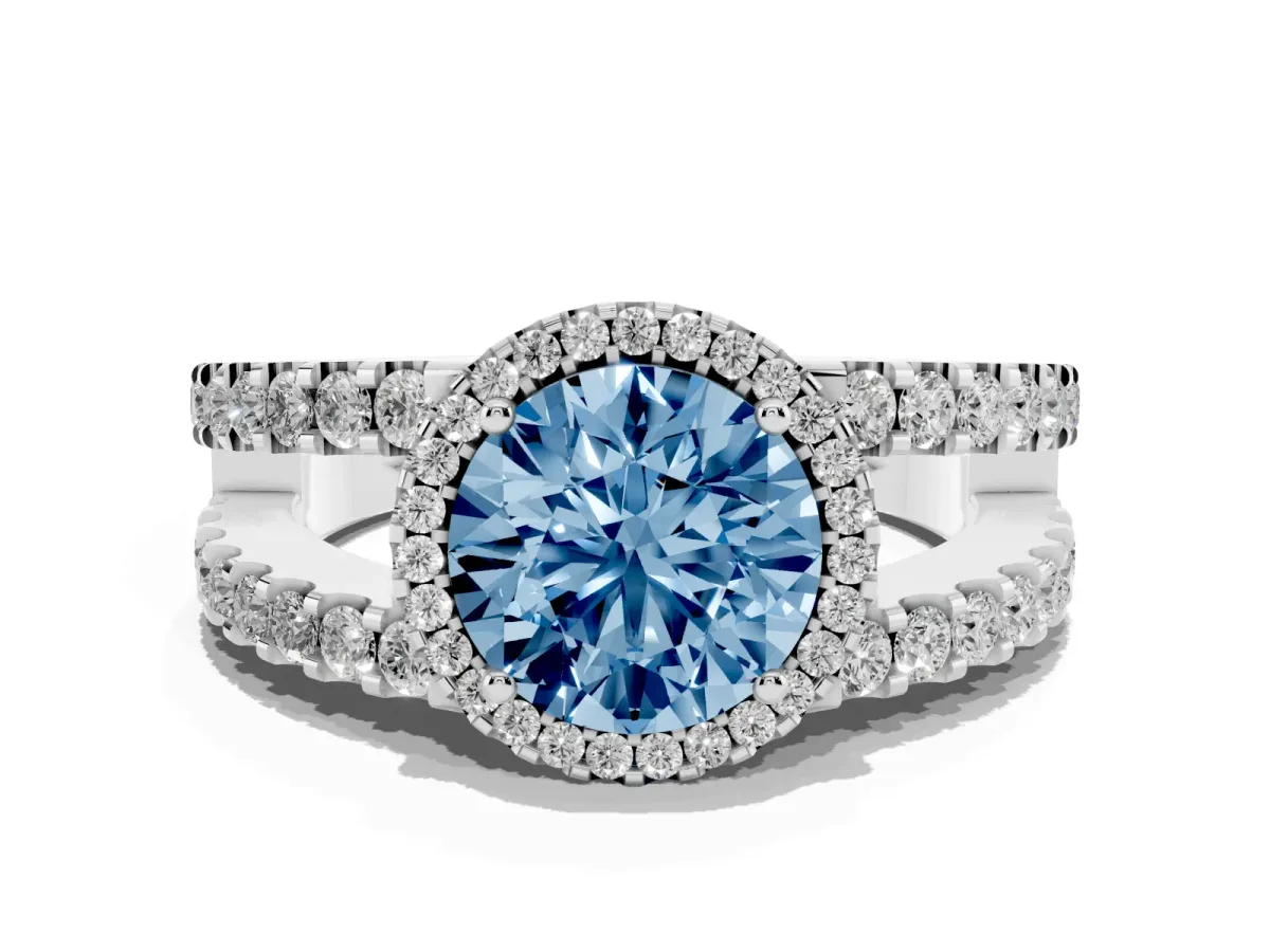 Fancy Blue Round Cut Cut Halo Split Shank Diamond Ring with Four-Prong Setting Platinum