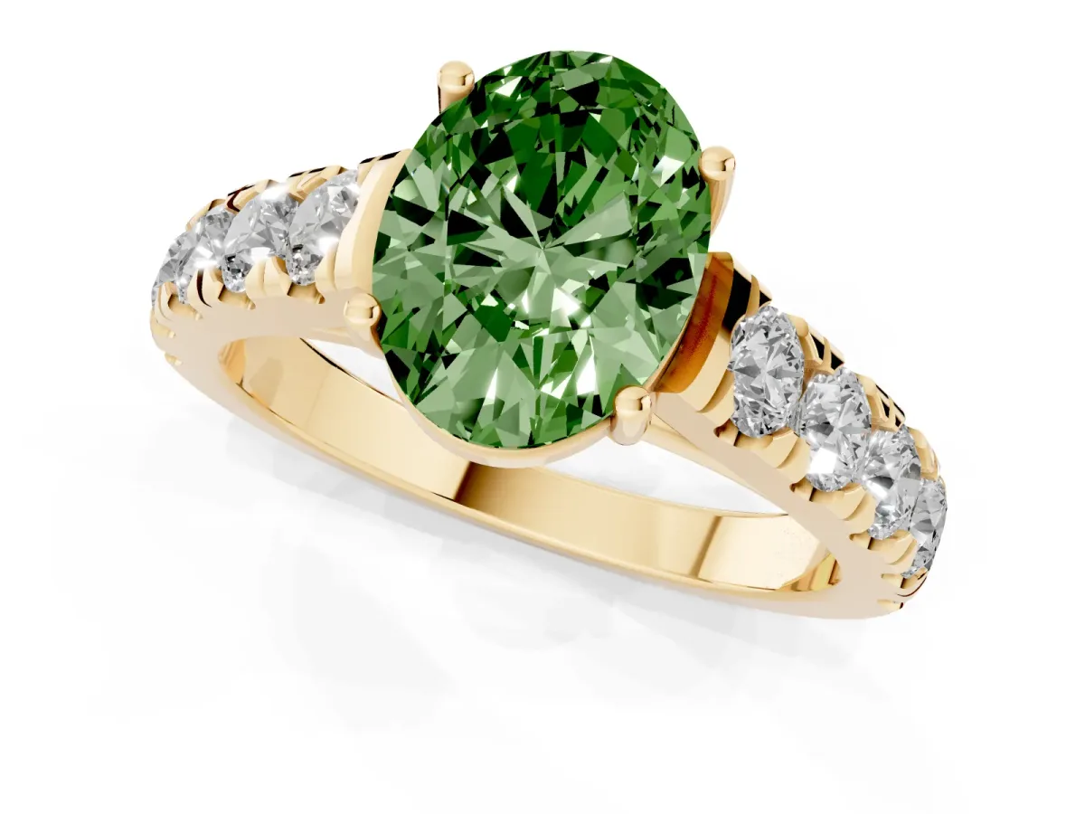 Fancy Green Oval Cut Cut Diamond Solitaire Ring with Micro Pave Band and Prong Setting Yellow gold