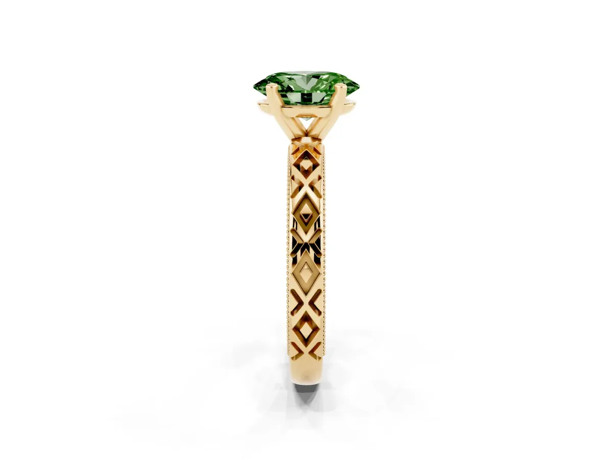 Fancy Green Oval Cut Solitaire Diamond Ring with Milgrain and Black Enamel X Pattern Band Yellow gold