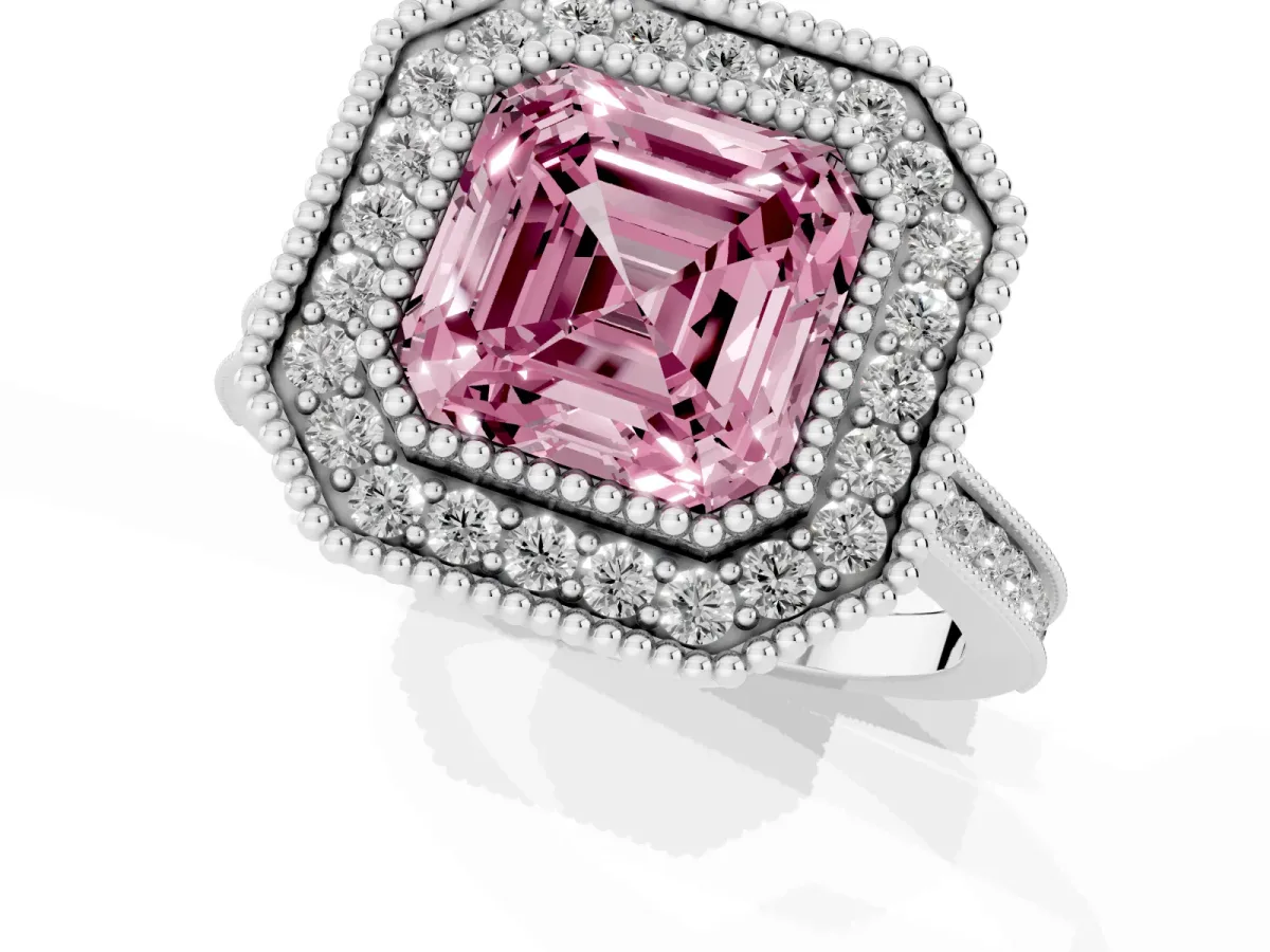 Fancy Pink Asscher Cut Diamond Halo Ring with Milgrain Frame and Pavé Band Silver