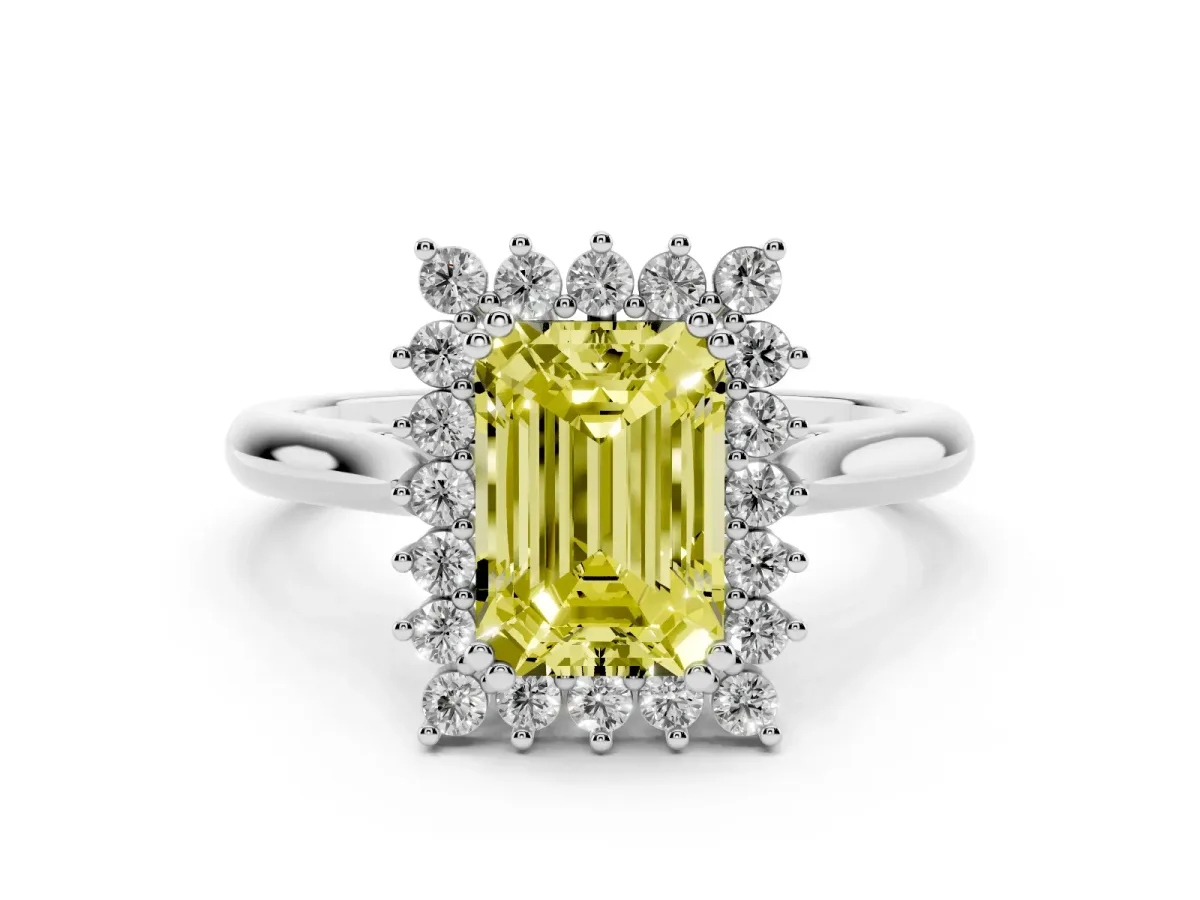 Fancy Yellow Emerald Cut Cut Diamond Halo Ring with Solitaire Band and Prong Setting Platinum